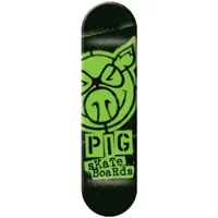 Pig Stencil Green skateboard deck: Green stencil-style pig head logo with angry eyes and an ear tag, sprayed onto a black ground with soft speckled edges. Punk-style cut-out lettering below reads PIG SKATEBOARDS in green on black blocks.