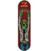 Toy Machine TM Pride skateboard deck: Green-skinned alien figure with big yellow eyes and a grey jacket, throwing up both hands in devil horns, against a red and black patterned background. Toy Machine logo at the nose.