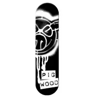 Pig Spray Black skateboard deck: Black deck with a large stencilled spray-paint pig face logo in white, with drips running down. A white label with the brand name sits low on the board.