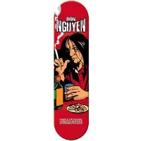 Hollywood Nguyen Smoker skateboard deck: A comic-style illustration of a long-haired person in a red shirt, smoking a cigarette at a bar with a bottle, a glass and an ashtray of butts, on a red deck. The name is in bold white lettering at the top.