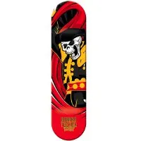 Hollywood Dorian Tucker Matador skateboard deck: A skeleton in a black matador hat and gold-braided jacket with a red sash, screaming, wrapped in a swirling red cape against a red background. Bold cartoon outlines with flat colour.