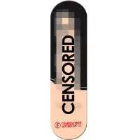 Foundation # 1 skateboard deck: A pixelated, censored photograph of a nude figure fills the deck, with large black 'Censored' lettering across it. A black patch tops the nose and the lower deck is flesh-coloured, with a small Foundation logo at the tail.