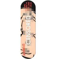 Foundation "Handler" skateboard deck: Close-up cartoon flesh-coloured figure with thick black outlines, obscured by pixelated blocks and a large white CENSORED label, with small red text at the top and tail. Photo is small and low resolution.