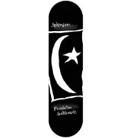 Foundation Splendor skateboard deck: White crescent moon and star on a black flag-like panel, with 'Splendour....' handwritten at the top and 'Foundation Skateboards' at the bottom. Black deck.