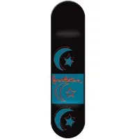 Foundation Trio skateboard deck: Black deck with three stacked crescent moon and star symbols in teal with red outlines, the middle one set inside a teal rectangle with a red script logo across it.