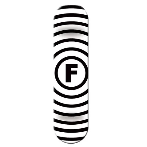 Foundation Vertigo White skateboard deck: White deck with concentric black rings radiating from a circled capital F in the middle, giving a hypnotic ripple effect.