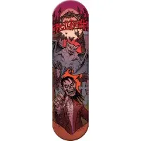 Pig Wood Gravedigger skateboard deck: Gothic horror illustration in comic style: a snarling grey gargoyle with spread wings looms above a grinning ghoulish figure in a red jacket, with bats, gravestones and a cemetery gate under a red moon. Red gothic lettering across the top.
