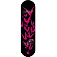 Pig Bats Black skateboard deck: Black deck with a flock of hot pink bat silhouettes streaming down the length of the board, with a small pink hand-lettered signature logo near the tail.