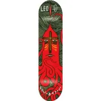 Foundation Leo Squid skateboard deck: Dark green deck with a red squid-like figure whose face has a gold cross on a bishop-style hat, sad orange-marked eyes and tentacles curling around it, against scratchy green hair-like lines. Name at top and brand along the tail.