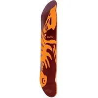 Foundation F Skeleton Orange Rail skateboard deck: Large stylised skeleton drawn in bold orange shapes on a dark maroon deck, with a skull at the nose and ribs and limbs running down the board. Small Foundation star and moon logo at the tail.