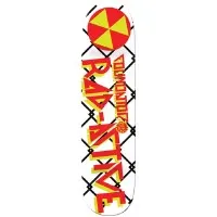 Foundation Cheapo Rad-Active skateboard deck: Red and yellow fallout shelter style radiation symbol at the nose over a black chain-link fence, with large red and yellow 'Rad-Active' lettering running down a white deck.