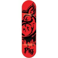Pig Bloody Pig Red skateboard deck: Large black brushed pig's head with a dripping snout on a bright red deck, with dripping 'Pig' lettering at the tail.
