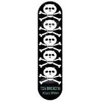 Toy Machine Marks Three Eyed Skull skateboard deck: Five white cartoon skulls with crossbones stacked vertically down a black deck, each with oval dark eyes and small horns. Toy Machine and rider name printed at the bottom.