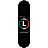 Foundation Leo Heritage skateboard deck: A black deck with a circle in the colours of the Italian flag (green, white, red) enclosing a white letter L, with script text above and below.