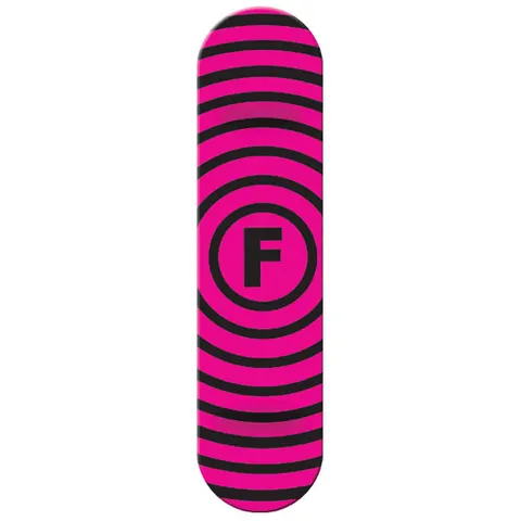 Foundation Pink Vertigo skateboard deck: Concentric black rings radiate out from a black letter F inside a circle, on a hot pink deck, forming a vertigo-style spiral target pattern.
