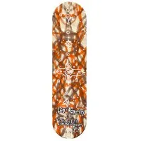 Foundation Leo Jacobs skateboard deck: A symmetrical tribal-style pattern of white dotted symbols and crosses over layered, overlapping brushstrokes in orange and brown on a cream deck. Hand-lettered rider and brand text sits near the bottom.