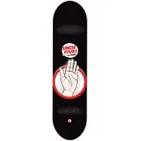 Foundation Leo High Five skateboard deck: A drawn open hand in a red circle with radiating lines, above a red speech bubble reading HIGH FIVE!, on a black deck with a small red logo at the bottom.