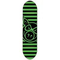 Pig Stripe Deck Green skateboard deck: Black and green horizontal stripes with a large green and black Pig head logo, a line-drawn pig with glasses-like eyes, in the middle.
