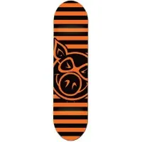 Pig Stripe Deck Orange skateboard deck: Black and orange horizontal stripes across the whole deck, with a large outline Pig head logo with sunglasses in orange on black over the lower half.