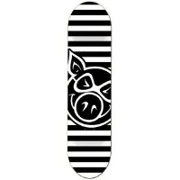 Pig Stripe Deck White skateboard deck: Bold black and white horizontal stripes across the deck, with a large Pig head logo in a circle in the middle, drawn in simple heavy lines with pointed ear and sunglasses-style eyes.