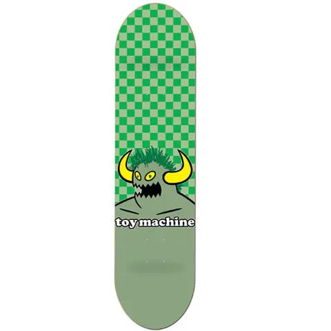 Toy Machine Monster Check skateboard deck: Green horned monster with yellow horns and spiky hair, shown from the chest up, above a 'toy machine' wordmark. A green checkerboard fills the upper half and the lower half is plain sage green.