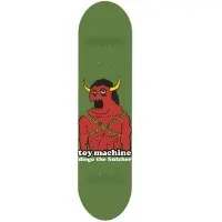 Toy Machine Bucchieri Monster skateboard deck: Red horned demon figure with a moustache, bound in rope across its muscular chest, shown from the chest up on an olive green deck above 'toy machine' and 'diego the butcher' lettering.