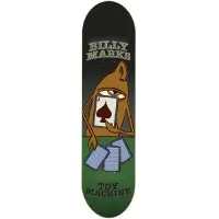 Toy Machine Billy Marks Dealer skateboard deck: A brown one-eyed Toy Machine monster peeks over a playing card showing a spade while fanned cards lie on a green card table. Billy Marks and Toy Machine are lettered in cream, over a black-to-green background.