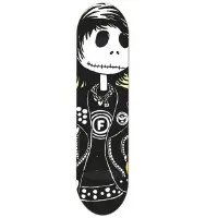 Foundation Corey Duffel Skellington 2 skateboard deck: A white skull-faced Skellington-style figure with stitched mouth, black eyes and a dark fringe, wearing a black studded vest with an F emblem, chain necklace and patches. Mostly black and white.