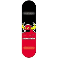 Toy Machine Monster Large skateboard deck: The Toy Machine monster, a red horned creature with yellow horns and jagged teeth, rising from the red lower half of a deck that is black above, with the brand name in white lowercase.
