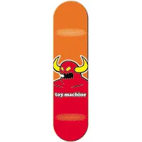 Toy Machine Monster Mini skateboard deck: Deck split orange above and red below, with the Toy Machine monster, a red horned head with yellow horns and a jagged mouth, across the middle above the toy machine lettering.
