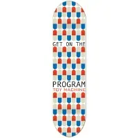 Toy Machine Program skateboard deck: A repeating pattern of red, blue and cream pill capsules covers a white deck, broken by the slogan 'Get on the Program' in black type, with Toy Machine in red beneath.