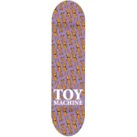 Toy Machine Multi Sect Purple skateboard deck: Lilac deck covered in a repeating pattern of small orange cartoon characters with big eyes, slanting across the board. White Toy Machine lettering sits in a stacked block near the tail.
