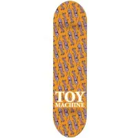 Toy Machine Multi Sect Orange skateboard deck: Orange deck covered in a repeating pattern of small purple cartoon characters with big eyes, slanting across the board. White Toy Machine lettering in a stacked block near the tail.