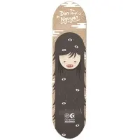 Foundation Nguyen Secret Beast skateboard deck: A cartoon girl's face with long black hair covering the whole deck and scattered small eyes in the hair, on a brown cardboard-textured top section with white cloud shapes. Name text in white at the top.