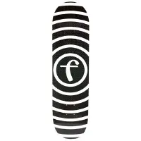 Foundation Vertigo Fiberlam skateboard deck: Concentric black and white rings radiate outward from a central circle containing a lower-case script letter f, creating a hypnotic vertigo effect over the whole deck.