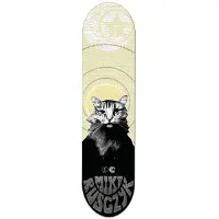Foundation Rusczyk Cat Lore skateboard deck: A grey tabby cat with a halo and long dark fur, like a robed monk, sits below concentric rings and a pale moon-like emblem on a cream upper half. The lower half is black with swirly grey lettering.