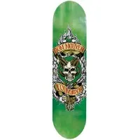 Foundation Nguyen Pool Hall skateboard deck: A horned skull sits inside a ring of rope and wings, with scrolled banners above and below carrying names, on a mottled green deck in a tattoo-style crest.