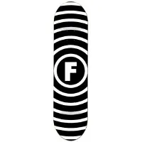 Foundation Vertigo Black skateboard deck: Black and white concentric rings radiating outwards from a central circle holding a bold white letter F, forming a vertigo-style spiral.