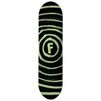 Foundation Vertigo Green Highlighter skateboard deck: Hand-drawn, wobbly concentric rings in pale green on black, spiralling out from a central circle holding a rough letter F.