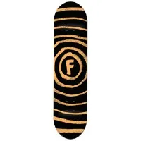 Foundation Vertigo Orange Highlighter skateboard deck: Hand-drawn, wobbly concentric rings in orange on black, spiralling out from a central circle holding a rough letter F.