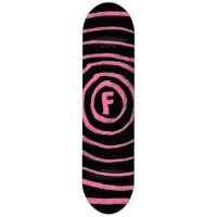 Foundation Vertigo Pink Highlighter skateboard deck: Hand-drawn pink concentric spiral rings radiating across a black deck, with a chunky letter F inside a circle at the centre.