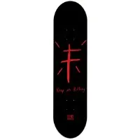 Foundation KOR Red Foil skateboard deck: Rough hand-drawn red cross shape with short radiating lines above handwritten text on a black deck, with a small logo at the base.