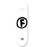 Foundation Doodle F White skateboard deck: A plain white deck with a large black hand-drawn letter F inside a rough circle, and a small logo near the tail.