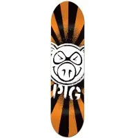 Pig 7.5 BURST skateboard deck: Large white Pig head logo with squinting eyes and a wide grin, with PIG in stencil lettering beneath, set on a sunburst of black and orange rays with spray-paint speckle.