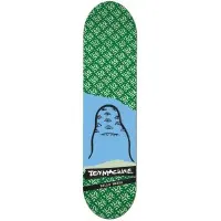 Toy Machine Marks Blob skateboard deck: Green deck with a repeating pattern of pale green motifs. A blue panel in the middle holds a black outline drawing of a bell-shaped blob with several small eyes. Brand and rider name sit in a black strip near the tail.