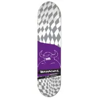 Toy Machine Butcher Monster skateboard deck: White and grey diamond harlequin pattern distorted across the deck, with a purple panel in the middle holding a white line drawing of a horned, grinning monster. Brand and rider name in a black strip below.