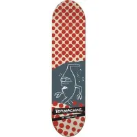 Toy Machine Templeton Sect skateboard deck: Red polka dots on cream at the nose, with a grey-blue panel at the tail holding a white line drawing of an upside-down bottle-shaped creature with hands and a mouth. Toy Machine label in a black strip below.