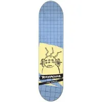 Toy Machine Harmony Trans skateboard deck: Blue deck with a grid of lines and a cream panel holding a simple black line drawing of a many-eyed creature with antennae and headphone-like ear discs. A black strip carries the brand name.