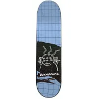 Toy Machine Harmony Trans Deck Fiberlam skateboard deck: A white line drawing of the round, multi-eyed Toy Machine monster with antennae and headphone-like ears sits on a torn black panel over a pale blue tiled grid background.