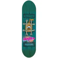 Toy Machine Layton Dungeon skateboard deck: Teal wooden dungeon door with a barred window showing a one-eyed orange juice carton creature, with the rider name in pink graffiti-style script below and a plaque at the bottom.